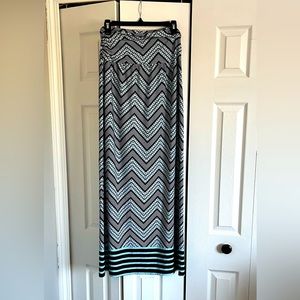 Alyx maxi skirt chevron tribal print ikat stretch jersey blue turquoise foldover
